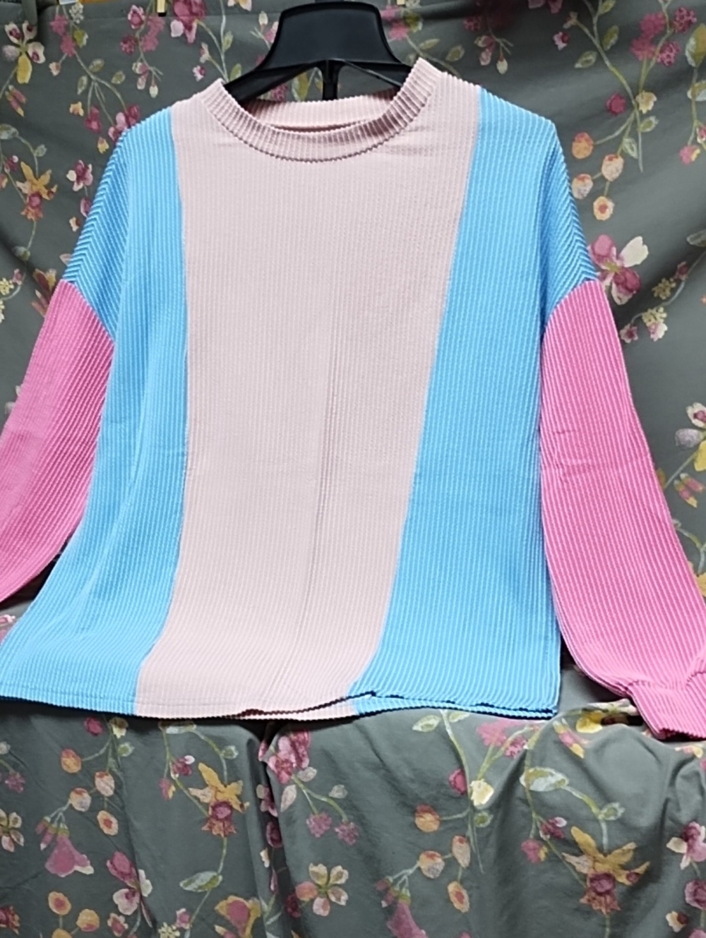 Colorblock Rib-Knit Long Sleeve Top - Pink, Blue, Cream